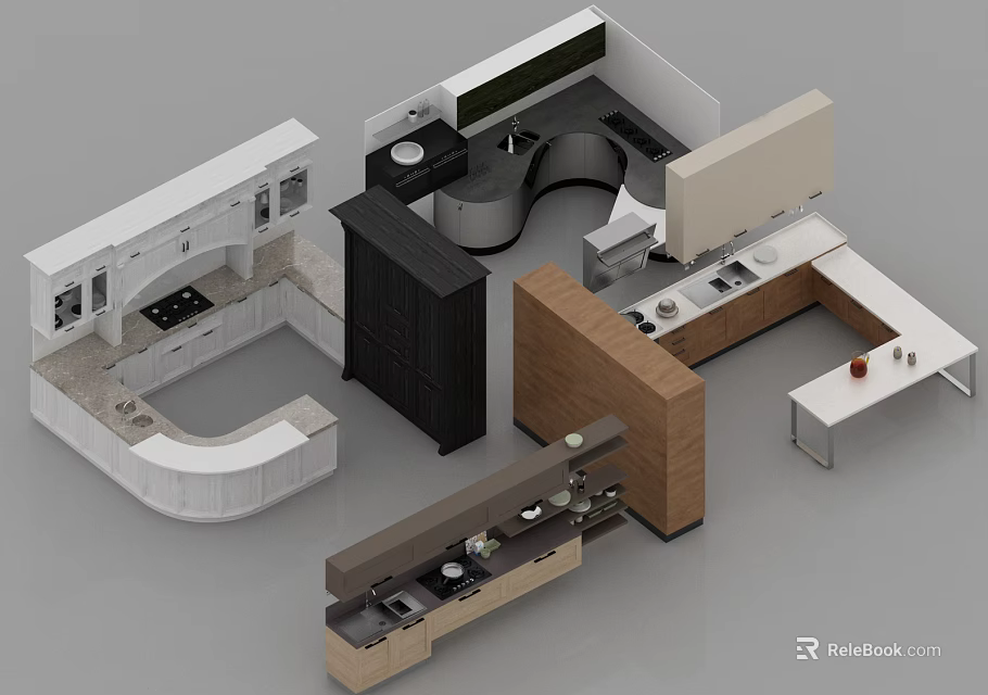 Stylish Modern Kitchen Cabinets With Various Designs And Countertop Options 3d model