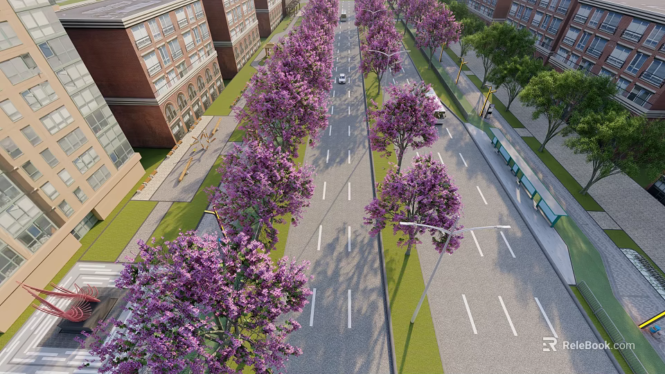 Municipal Road With Purple Flowering Trees Alongside Buildings And Street Lamps 3d model 