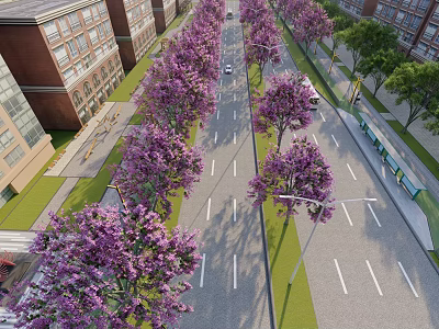 Municipal Road With Purple Flowering Trees Alongside Buildings And Street Lamps 3d model