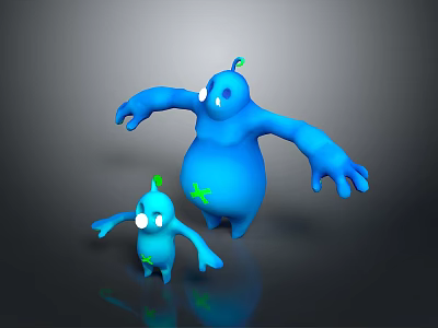 Large And Small Blue Creatures With Green Antennas And Body Stars 3d model