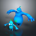 Large And Small Blue Creatures With Green Antennas And Body Stars