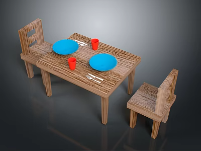 Wooden Dining Table Set With Chairs Blue Plates Red Cups And Cutlery 3d model