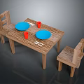 Wooden Dining Table Set With Chairs Blue Plates Red Cups And Cutlery