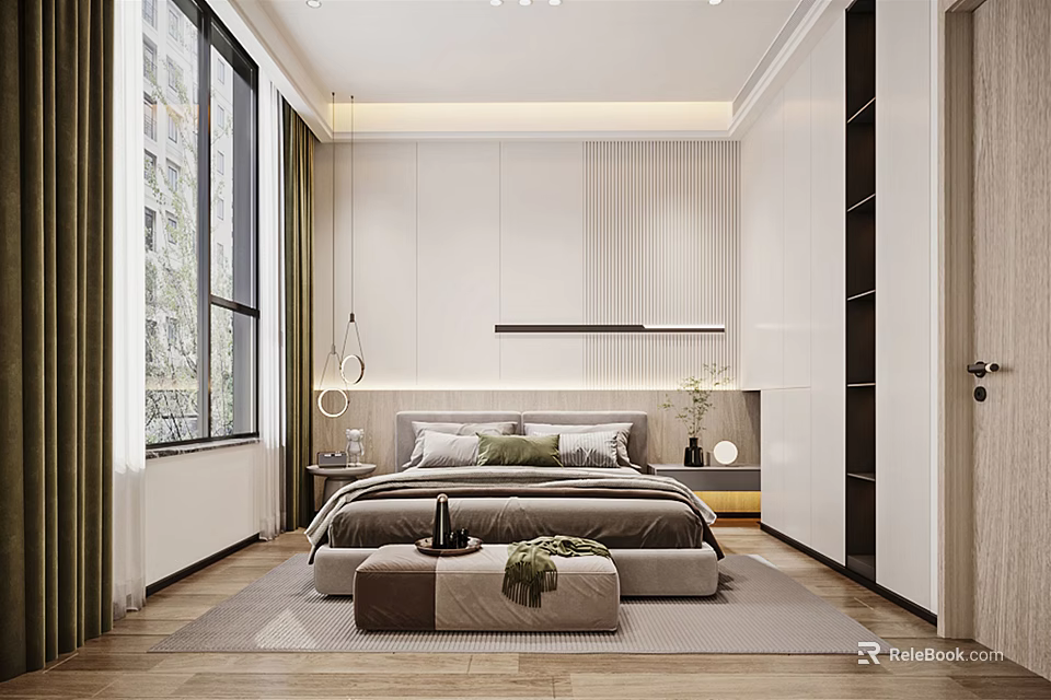Modern Bedroom Interior Design With Large Windows King Bed And Area Rug 3d model