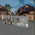 Charming Commercial Outdoor Seating Area With Straw Canopy Lighting And Traditional Buildings