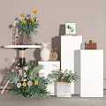 Decorative Ornament Set With Flower Bouquets Pineapple Ornaments Green Plants And White Display Stands