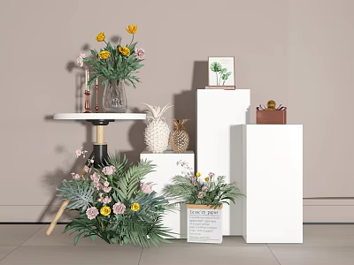 Decorative Ornament Set With Flower Bouquets Pineapple Ornaments Green Plants And White Display Stands 3d model