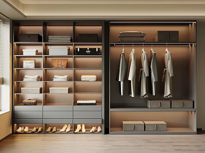 Modern Wardrobe Interior With Hanging Garments Folded Clothes Storage Shelves And Drawers 3d model