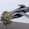 Futuristic Flying Vehicle With 05 Marking Flying Over Tree On Gray Ground