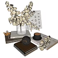 Decorative Ornament Set With White Floral Branches Clear Vase Books Black Clock And Coffee Cup