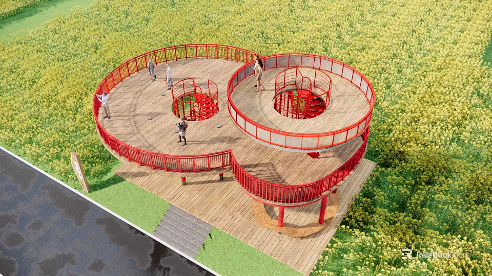 Garden Landscape With Red Circular Walkway And Wooden Platform Surrounded By Green Vegetation 3d model 