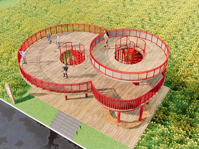 Garden Landscape With Red Circular Walkway And Wooden Platform Surrounded By Green Vegetation 3d model