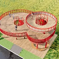 Garden Landscape With Red Circular Walkway And Wooden Platform Surrounded By Green Vegetation