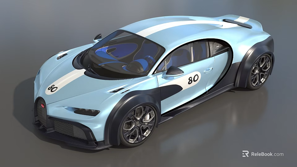 Light Blue Bugatti Sports Car With White Stripes And Number 80 Design 3d model 