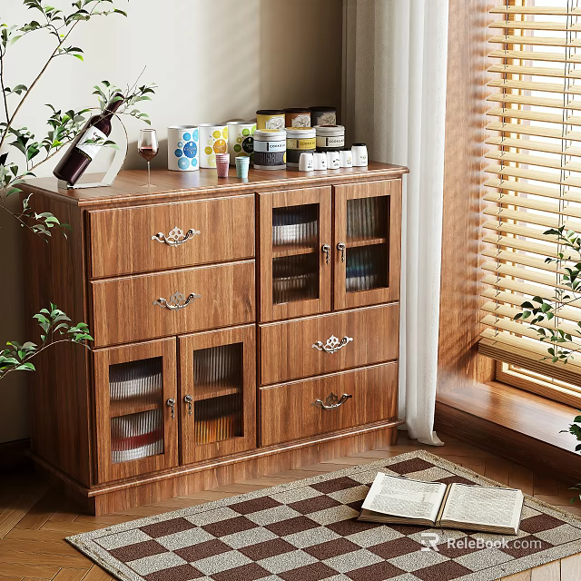 Wooden Sideboard With Drawers And Glass Doors In Dining Room With Natural Light Plants 3d model 