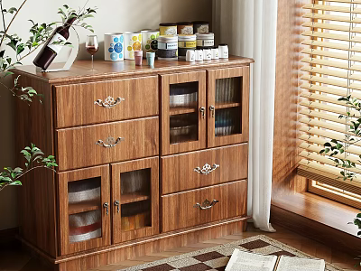 Wooden Sideboard With Drawers And Glass Doors In Dining Room With Natural Light Plants 3d model