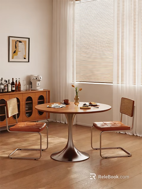 Modern Restaurant Interior With Round Dining Table Leather Chairs Coffee Machine And Wall Painting 3d model 