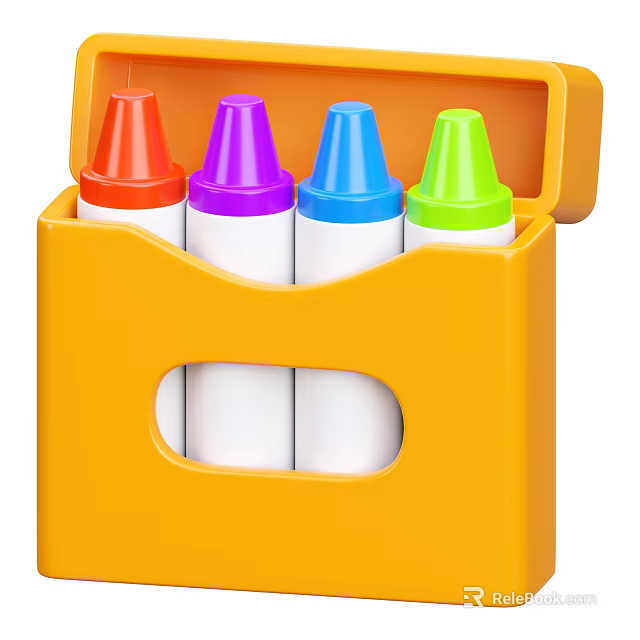 Colorful Crayons in Yellow Box with Red Purple Blue Green Tips for Kids Art Supplies 3d model 