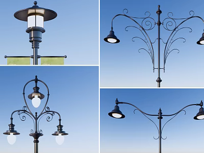 Outdoor Lights Decorative Metal Street Lamps with Curved Arms and Glass Shades 3d model