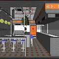 Braised Food Restaurant With Orange Gray Decor Open Kitchen Orange Stools And Patterned Floor