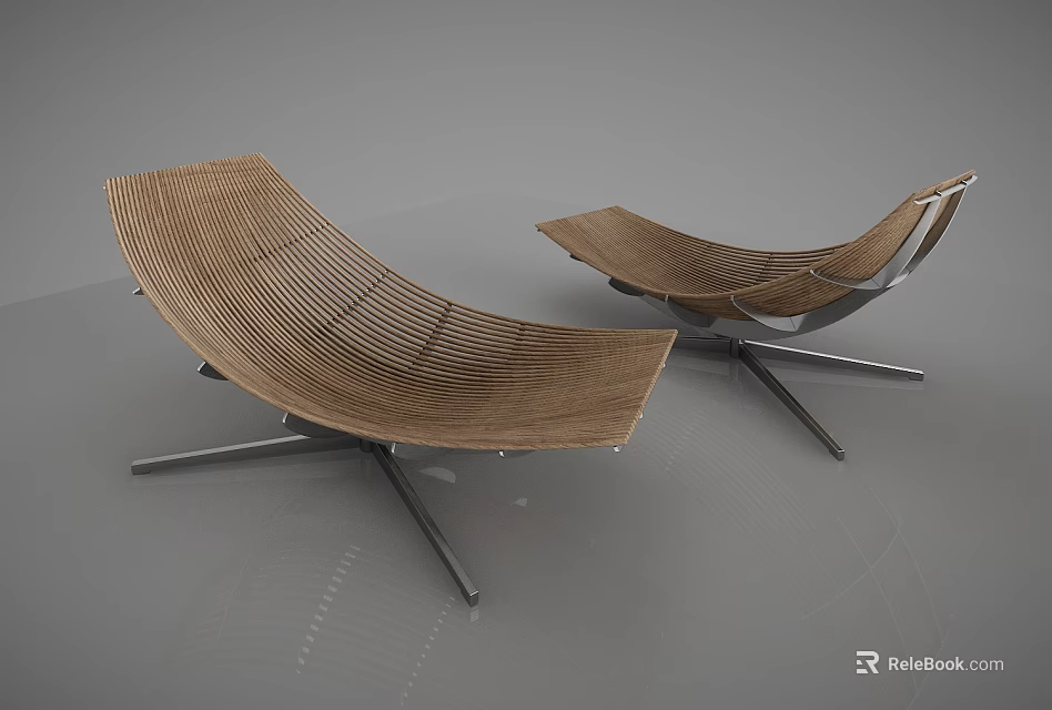 Two Modern Brown Woven Lounge Chairs With Silver Metal Star Base 3d model 