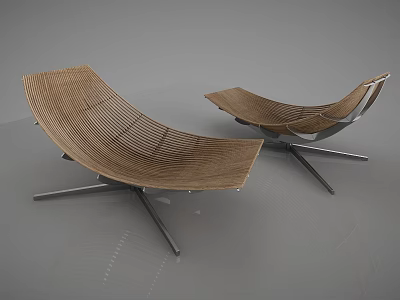 Two Modern Brown Woven Lounge Chairs With Silver Metal Star Base 3d model