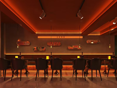 Red Toned Bar Interior With Bar Counter Chairs And Warm Lighting 3d model