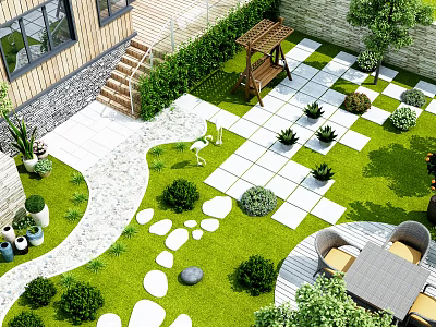 Modern Garden Landscape Design With Green Lawn Stone Path Wooden Gazebo And Outdoor Seating 3d model