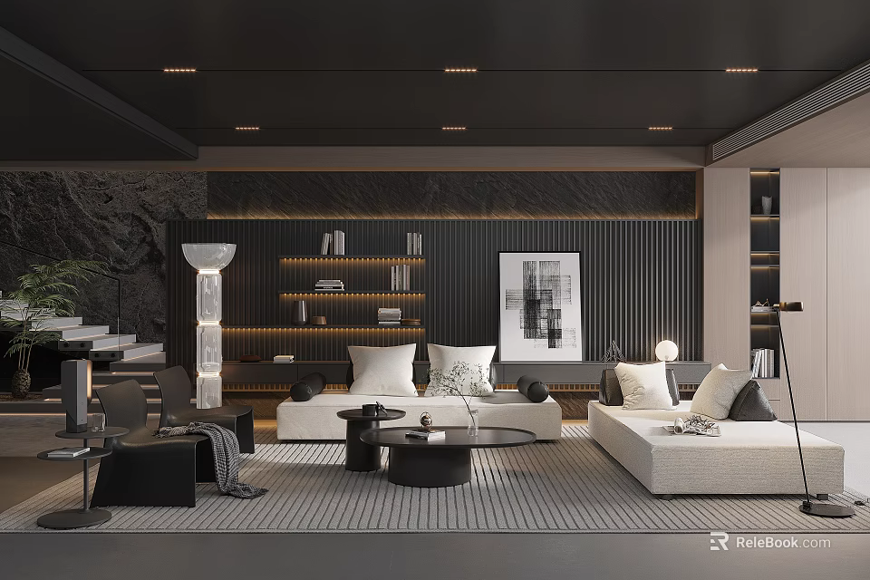 Modern Living Room Interior Design With White Sofa Coffee Table And Decorative Painting 3d model 