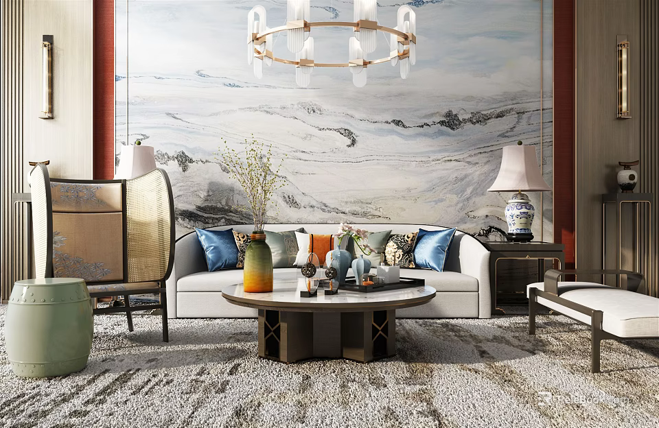 Chinese Living Room Sofa and Coffee Table Set With Decorative Pillows Wall Painting and Chandelier 3d model 