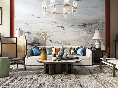 Chinese Living Room Sofa and Coffee Table Set With Decorative Pillows Wall Painting and Chandelier 3d model