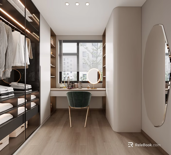 Modern Walk in Closet With Organized Wardrobe Vanity And Large Window 3d model