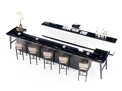 Modern Dining Table Set With Black Marble Top Bar Counter Extension And Stool Chairs 3d model