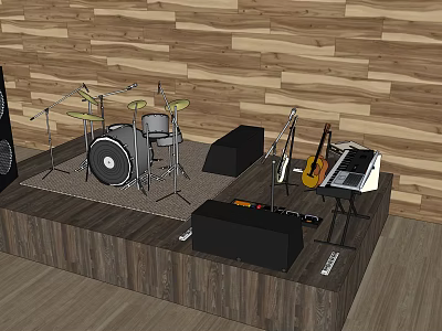 Stage with Musical Instruments Drum Set Guitar Keyboard and Speakers on Wooden Wall 3d model