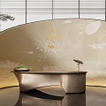 Curved Oriental Reception Desk Design Featuring Metallic Structure And Floral Bird Moon Wall Art