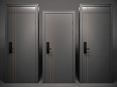 Modern Gray Security Doors With Yellow Lines Black Handles And Locks 3d model
