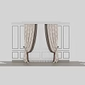 Beige Patterned Curtains With Dark Trim And White Sheer Layer On Grey Wall