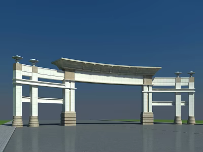 Modern Entrance Gate With White Structure Stone Pillars Eave Design Blue Sky Background Grey Pavement 3d model