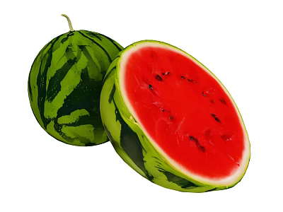 Fresh Whole Watermelon and Sliced Half with Red Flesh and Black Seeds 3d model