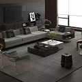 Modern Living Room Interior Featuring Gray Sofa And Marble Top Coffee Table Set 3d model