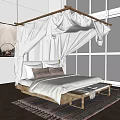 White Canopy Double Bed With Sea View Through Large Window And Wooden Floor