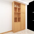 Wooden Bookcase Interior With Layered Shelves Middle Lattice Design Bottom Vertical Slats And Warm Lighting