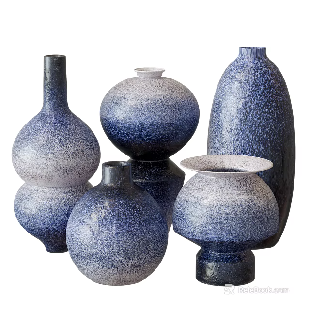 Modern Home Decor Ceramic Vessels With Blue White Speckled Textures And Diverse Shapes 3d model 