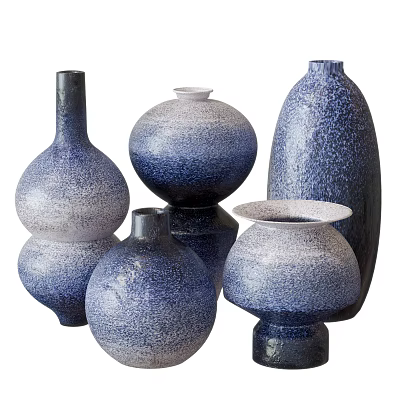 Modern Home Decor Ceramic Vessels With Blue White Speckled Textures And Diverse Shapes 3d model