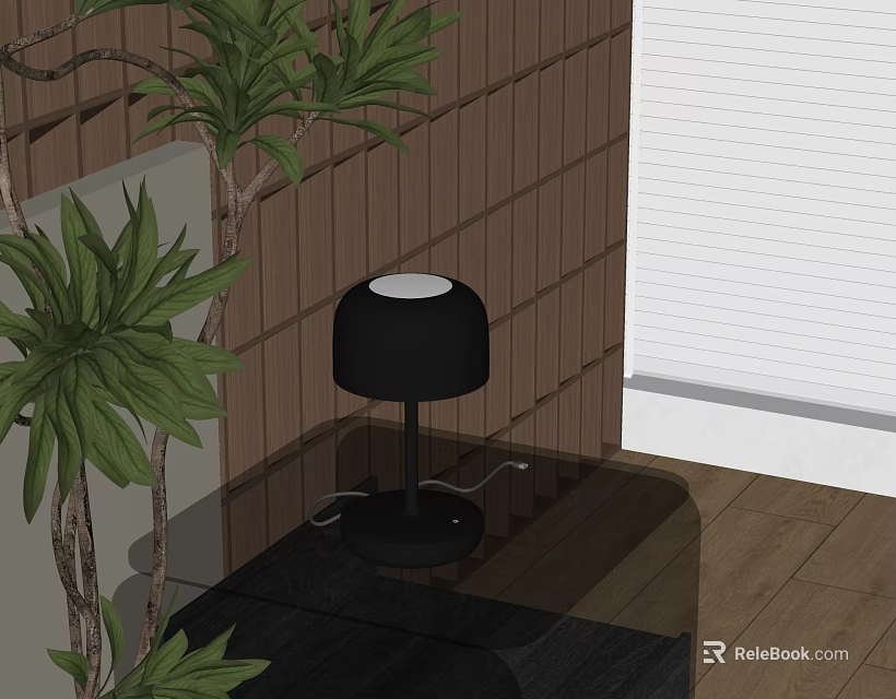 Black Table Lamp on Black Table with Green Plants and Wooden Wall White Blinds 3d model 