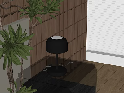 Black Table Lamp on Black Table with Green Plants and Wooden Wall White Blinds 3d model