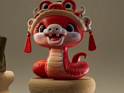 Plush Red Snake Pet Toy With Traditional Lion Head Hat And Tassel Decoration 3d model