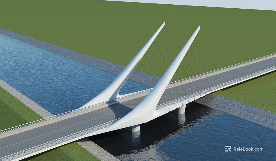 Modern Cable Stayed Bridge With Two White Pointed Towers Spanning Blue Water And Green Grass 3d model 