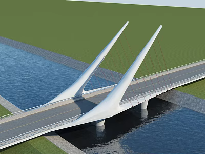 Modern Cable Stayed Bridge With Two White Pointed Towers Spanning Blue Water And Green Grass 3d model