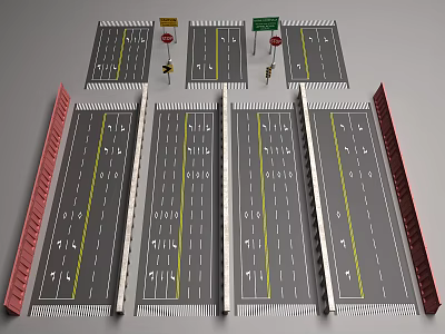 Road Infrastructure Featuring Multiple Lanes Traffic Signs Traffic Lights Divider and Road Markings 3d model
